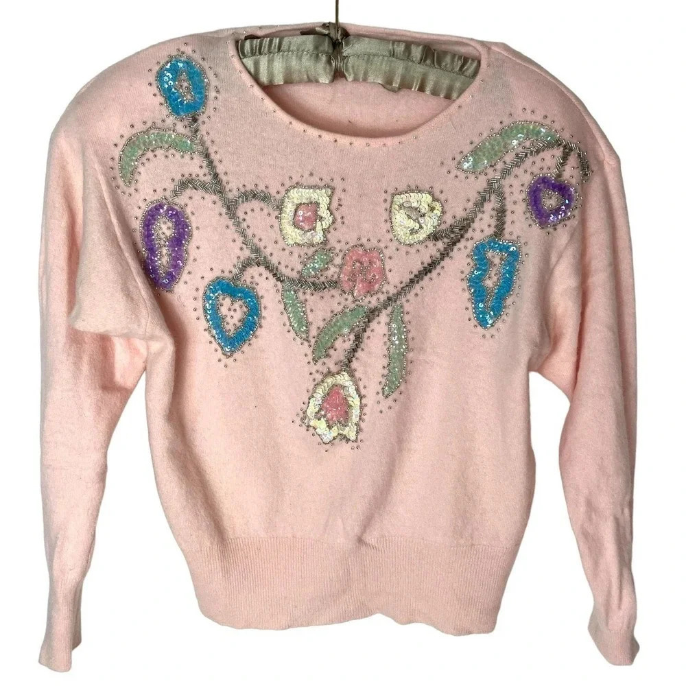 Vintage‎ 80s Beaded Sweater Pastel Small